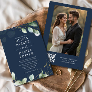 Invitación Boda fotográfico de código QR de Eucalipto Azul de
