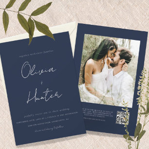 Invitación Boda fotográfico de código QR de la Marina minimal