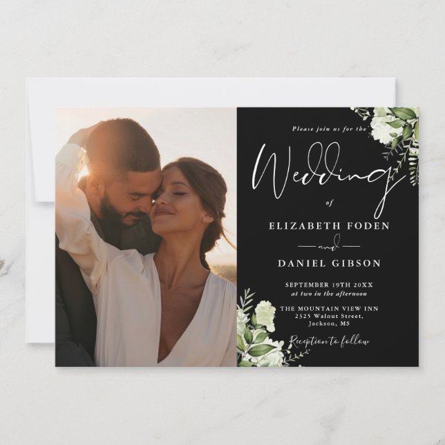 Invitación Boda fotográfico de código QR de verde blanco y ne (Anverso)