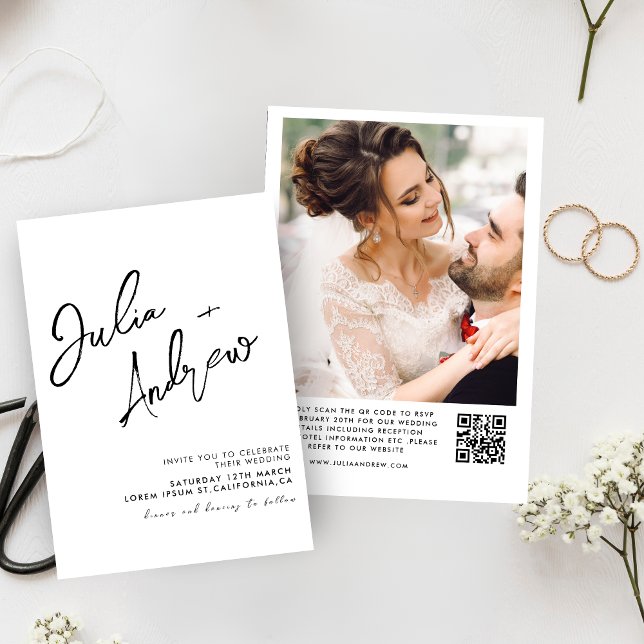Invitación Boda fotográfico de código QR mínimo en blanco y n (Subido por el creador)