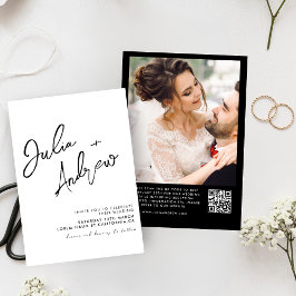 Invitación Boda fotográfico de código QR mínimo en blanco y n