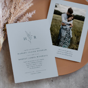 Invitación Boda fotográfico de código QR monograma simple azu