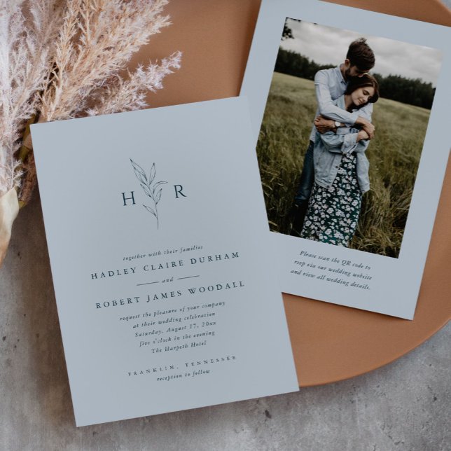 Invitación Boda fotográfico de código QR monograma simple azu (Subido por el creador)