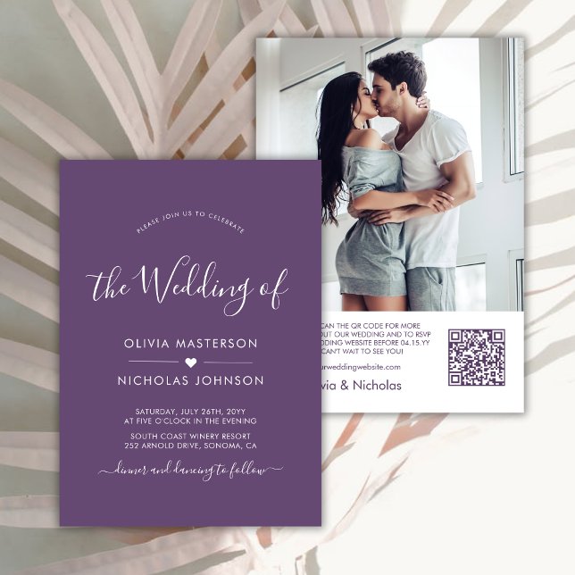 Invitación Boda fotográfico de código QR púrpura de guión mod (Subido por el creador)