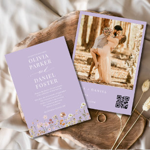 Invitación Boda fotográfico de código QR púrpura de lavanda d