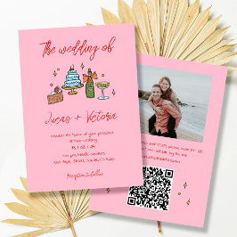 Invitación Boda fotográfico de código QR rosa dibujado a mano