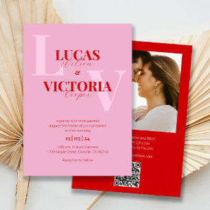 Invitación Boda fotográfico de código QR rosa y rojo brillant