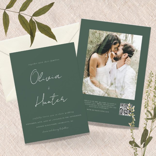 Invitación Boda fotográfico de código QR verde de Hunter mini (Subido por el creador)