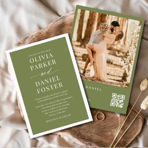 Invitación Boda fotográfico de código QR verde oliva moderno