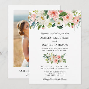 Invitación Boda fotográfico de color floral rosado Rubor