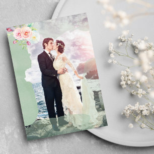 Invitación Boda fotográfico de color verde rosa con motivos f