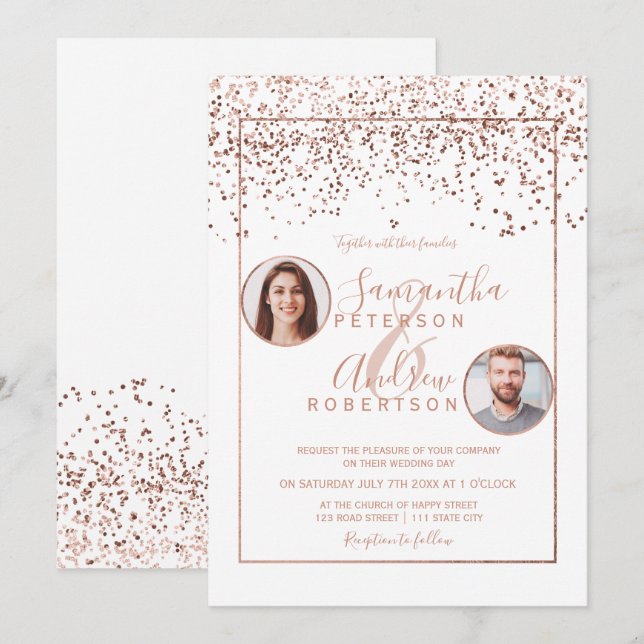Invitación boda fotográfico de confeti dorado Rosa (Anverso / Reverso)