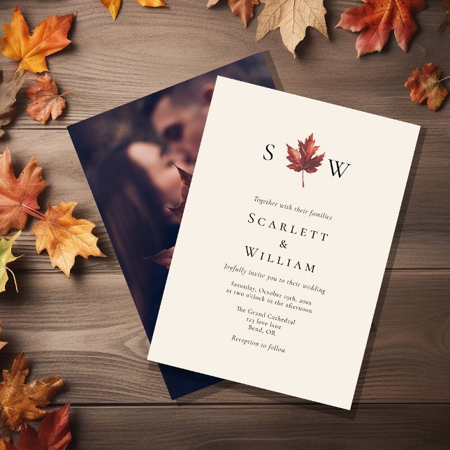 Invitación Boda fotográfico de crema de hojas de otoño simple (Subido por el creador)