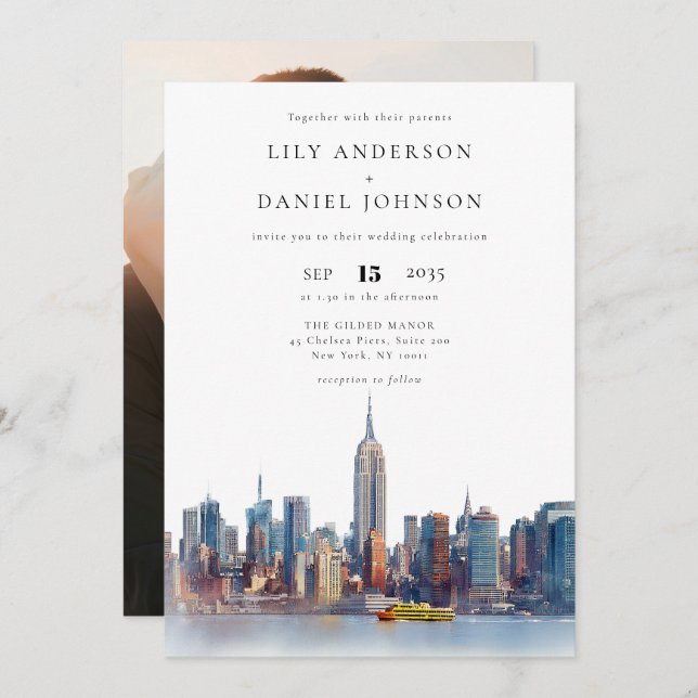 Invitación Boda fotográfico de destino de la ciudad de Nueva  (Anverso / Reverso)