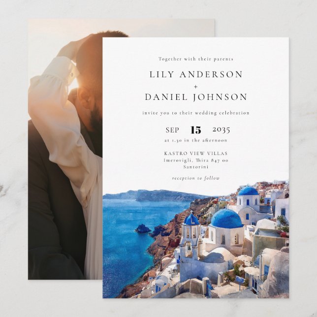 Invitación Boda fotográfico de destino de Santorini Grecia (Anverso / Reverso)