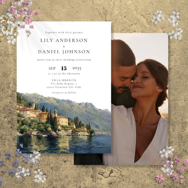 Invitación Boda fotográfico de destino italiano del lago Como (Lake Como Italian Destination Photo Wedding Invitation)