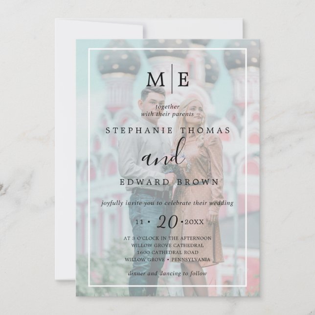 Invitación Boda fotográfico de efecto Vellum blanco y negro (Anverso)