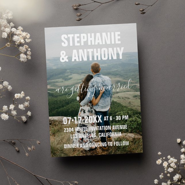 Invitación Boda fotográfico de escritura blanca en el país (Country white script typography photo wedding)