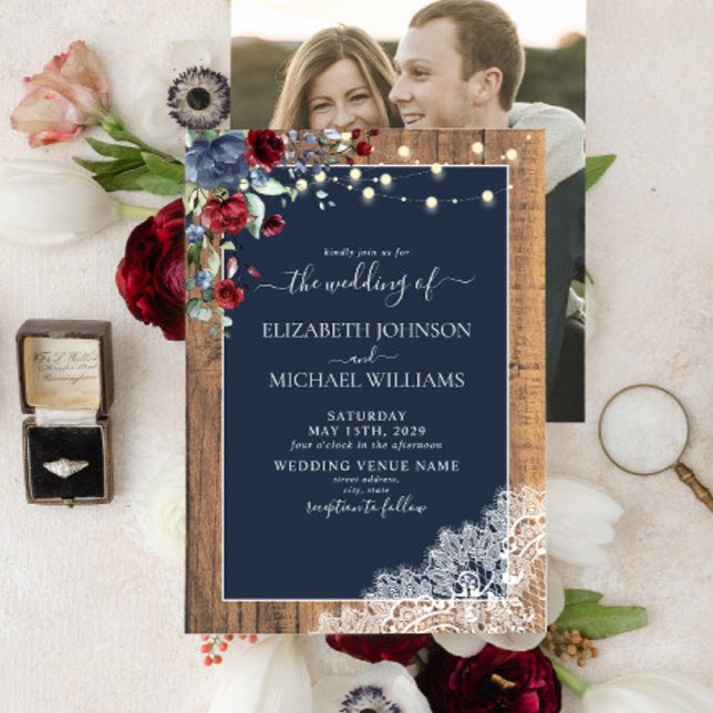 Invitación Boda fotográfico de escritura de madera azul de bo (Subido por el creador)