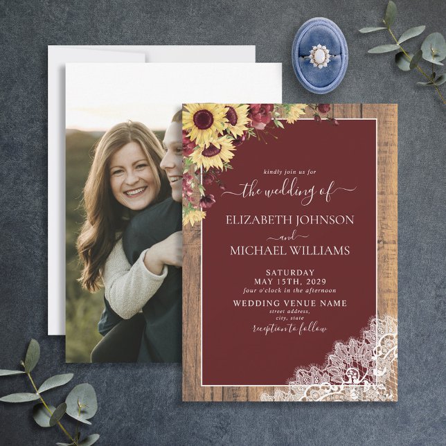 Invitación Boda fotográfico de escritura de madera de girasol (Subido por el creador)