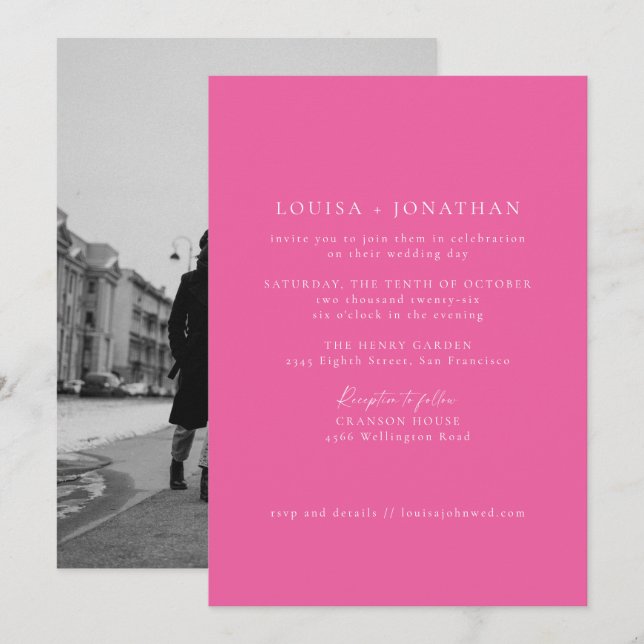 Invitación Boda fotográfico de escritura formal rosa caliente (Anverso / Reverso)