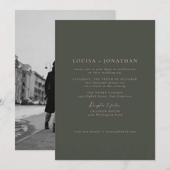 Invitación Boda fotográfico de escritura formal rosa verde mi (Anverso / Reverso)