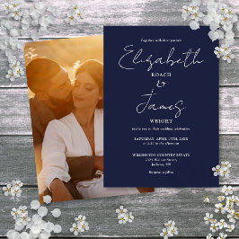 Invitación Boda fotográfico de escritura Minimalista azul de 