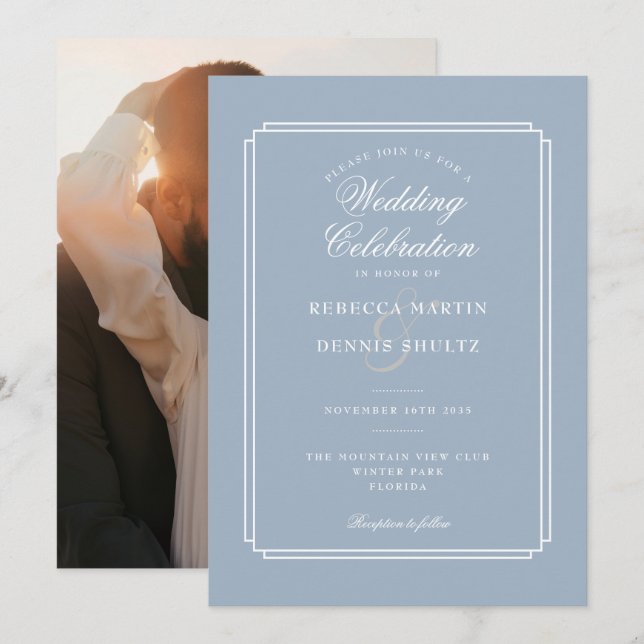 Invitación Boda fotográfico de estilo Art Deco con guión azul (Anverso / Reverso)