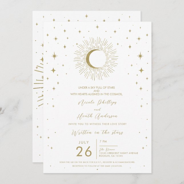 Invitación Boda fotográfico de estrellas celestes de oro blan (Anverso / Reverso)