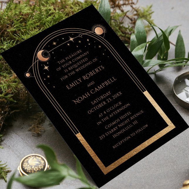 Invitación Boda fotográfico de estrellas de luna de oro negro (Subido por el creador)
