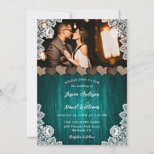 Invitación Boda fotográfico de flor de encaje floral de leña  (Anverso)