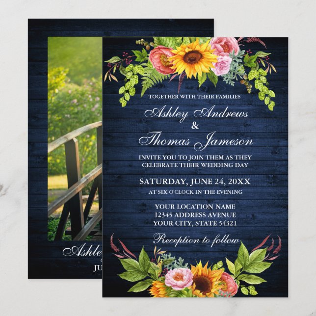 Invitación Boda fotográfico de flor de girasol Rustic Blue Wo (Anverso / Reverso)