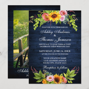 Invitación Boda fotográfico de flor de girasol Rustic Blue Wo