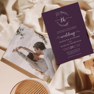 Invitación Boda fotográfico de Floral Wreath Violet Monogram