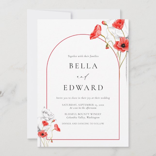 Invitación Boda fotográfico de flores rojas de adormidera mod (Reverso)