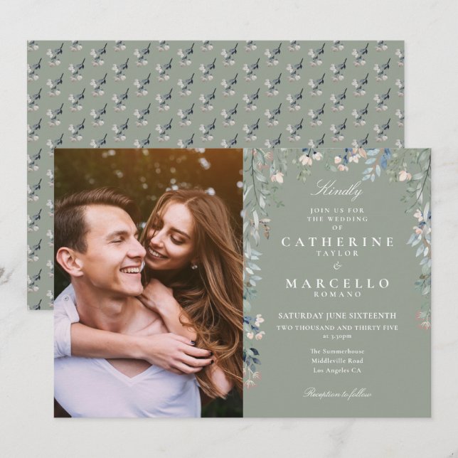 Invitación Boda fotográfico de Flores Silvestres de Sage Gree (Anverso / Reverso)