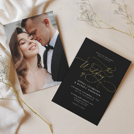 Invitación Boda fotográfico de Glam Black Gold Script
