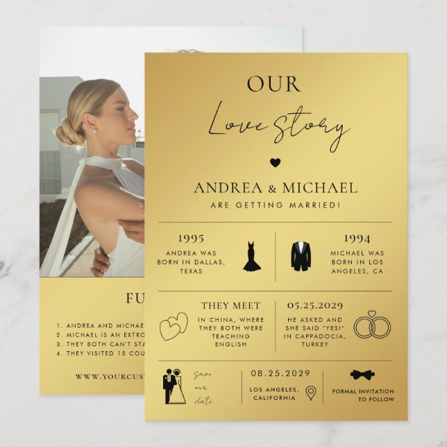 Invitación Boda fotográfico de Gold Our Love Story (Anverso / Reverso)
