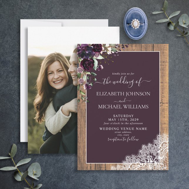 Invitación Boda fotográfico de guion de madera púrpura de plu (Subido por el creador)