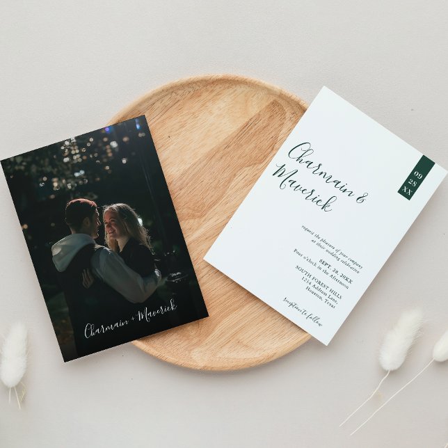Invitación Boda fotográfico de guión verde de esmeralda minim (Subido por el creador)