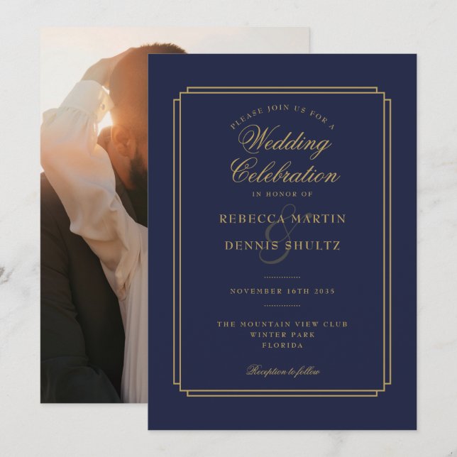 Invitación Boda fotográfico de guiones de arte deco y azul ma (Anverso / Reverso)