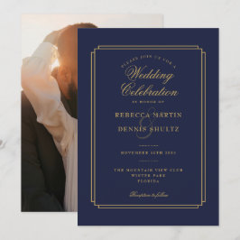 Invitación Boda fotográfico de guiones de arte deco y azul ma