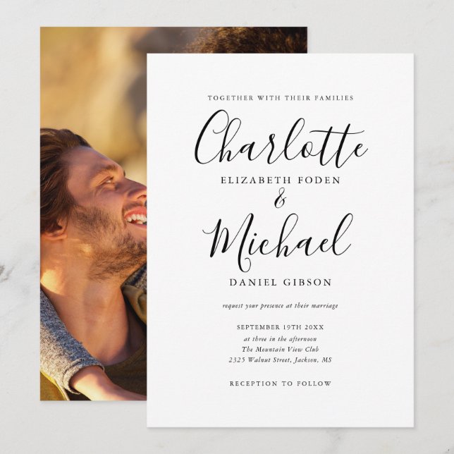 Invitación Boda fotográfico de guiones de firma en blanco y n (Anverso / Reverso)