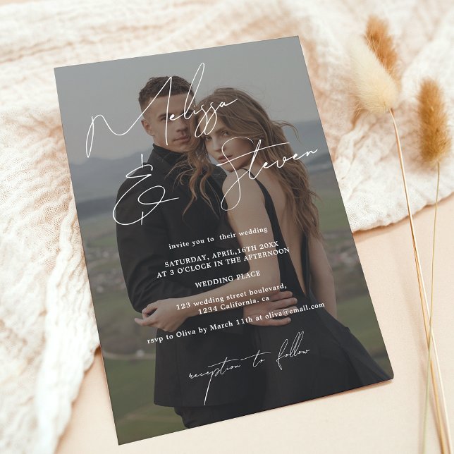 Invitación Boda fotográfico de guiones de nombres blancos (White names script calligraphy photo wedding invitation)