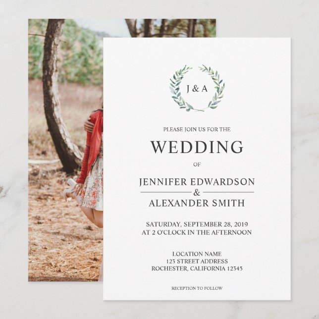 Invitación Boda fotográfico de hojas de acuarela botánica (Anverso / Reverso)