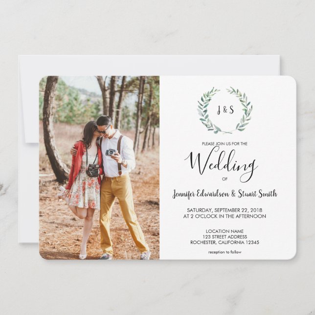 Invitación Boda fotográfico de hojas de acuarela botánica (Anverso)