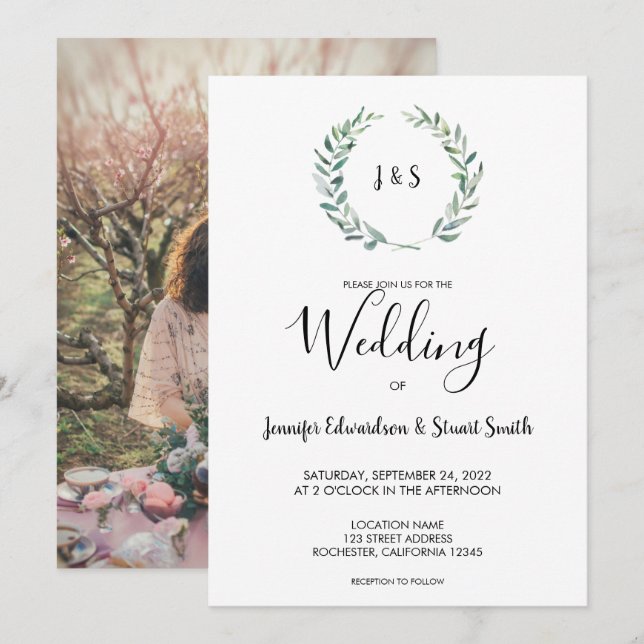 Invitación Boda fotográfico de hojas de acuarela botánica (Anverso / Reverso)