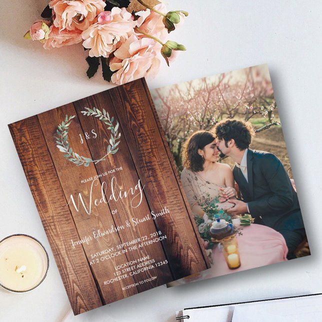 Invitación Boda fotográfico de hojas de acuarela rústicas (Subido por el creador)