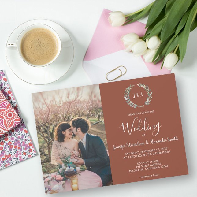 Invitación Boda fotográfico de hojas de acuarela rústicas (Subido por el creador)