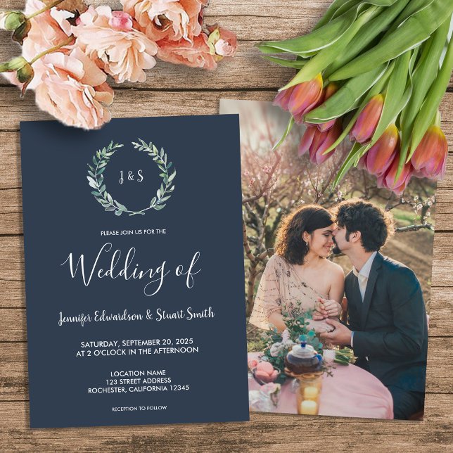 Invitación Boda fotográfico de hojas de acuarela rústicas (Rustic watercolor leaves monogram photo country Wedding Invitation.)